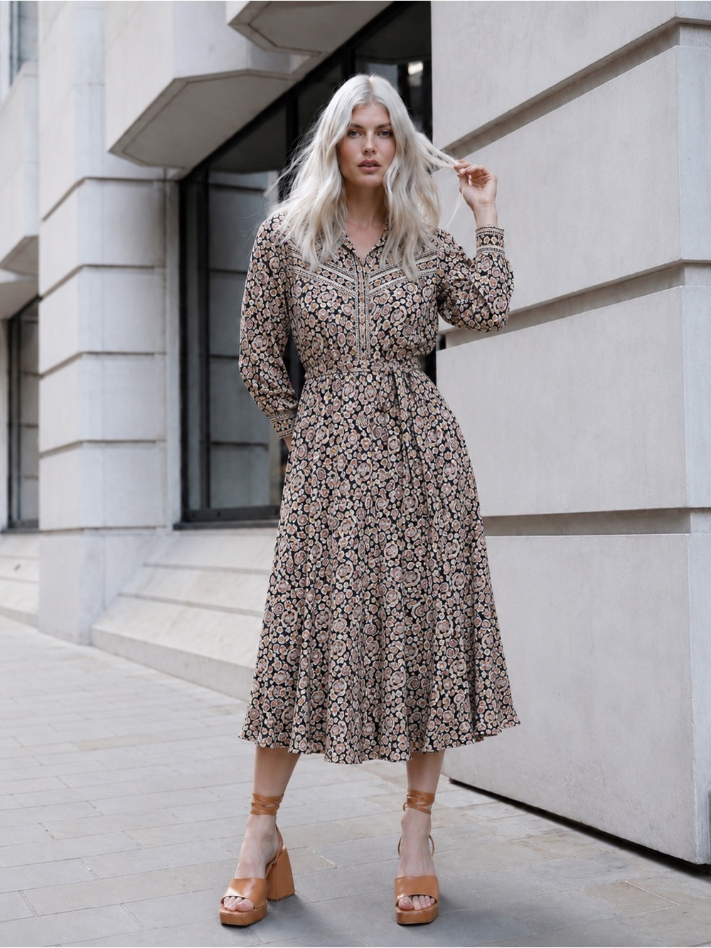 Boden Terrance Paisley Midi Shirt Dress Black Floral Tie Waist Size 16 18